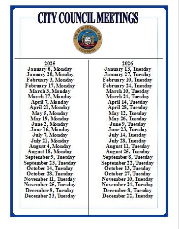 City Council meeting schedule 2025-2026